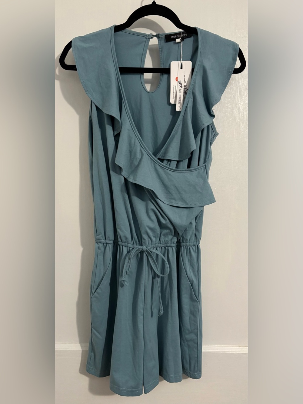 Merokeety Teal-Blue Ruffle V-Neck Drawstring Romper